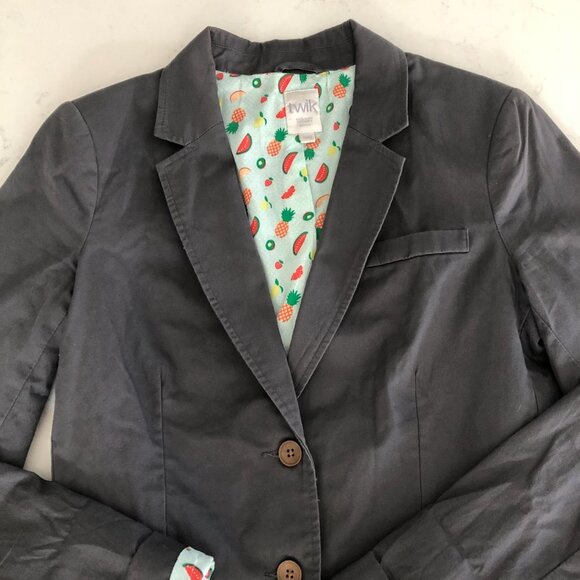 Twik Simons Casual Cotton 2 Button Fruit Print Lined Blazer Jacket Grey Sz M - Picture 2 of 10